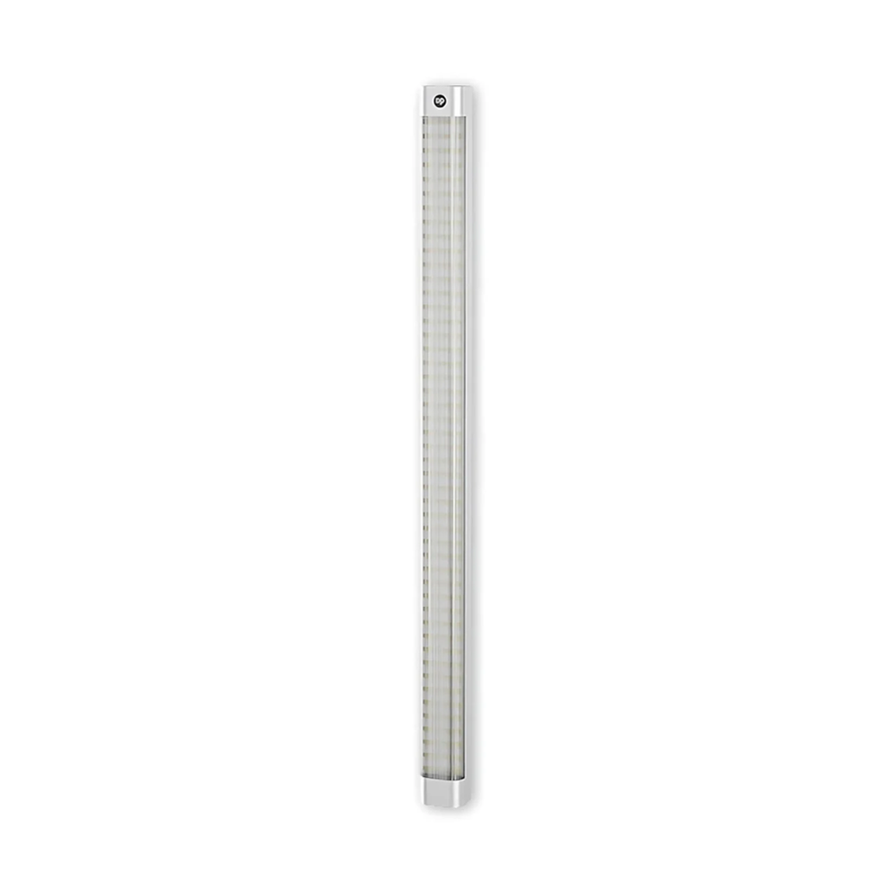 Full view of slim white 48W rechargeable LED bar with frosted diffuser