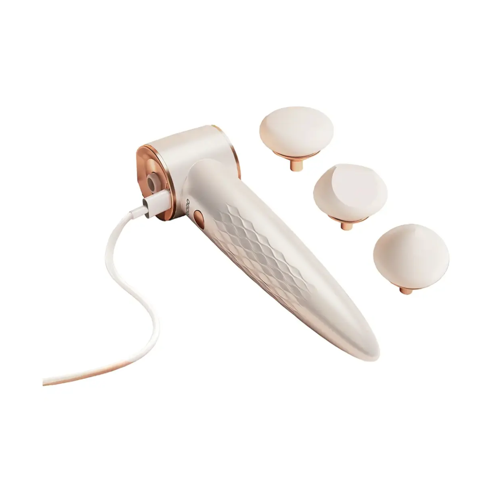 Porodo electric makeup sponge set with USB-C charging, three silicone heads, and rose gold bases