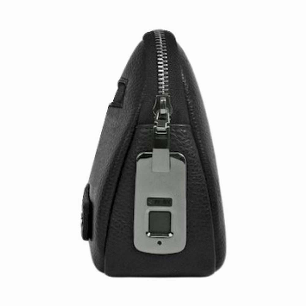 Side view of Wiwu Salem black anti-theft pouch showing fingerprint sensor module