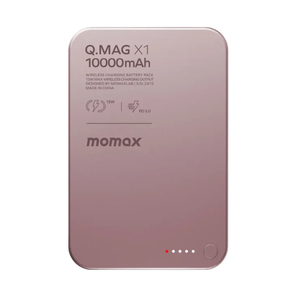 Dusty pink Momax 10000mAh magnetic wireless power bank front view with logo and LEDs