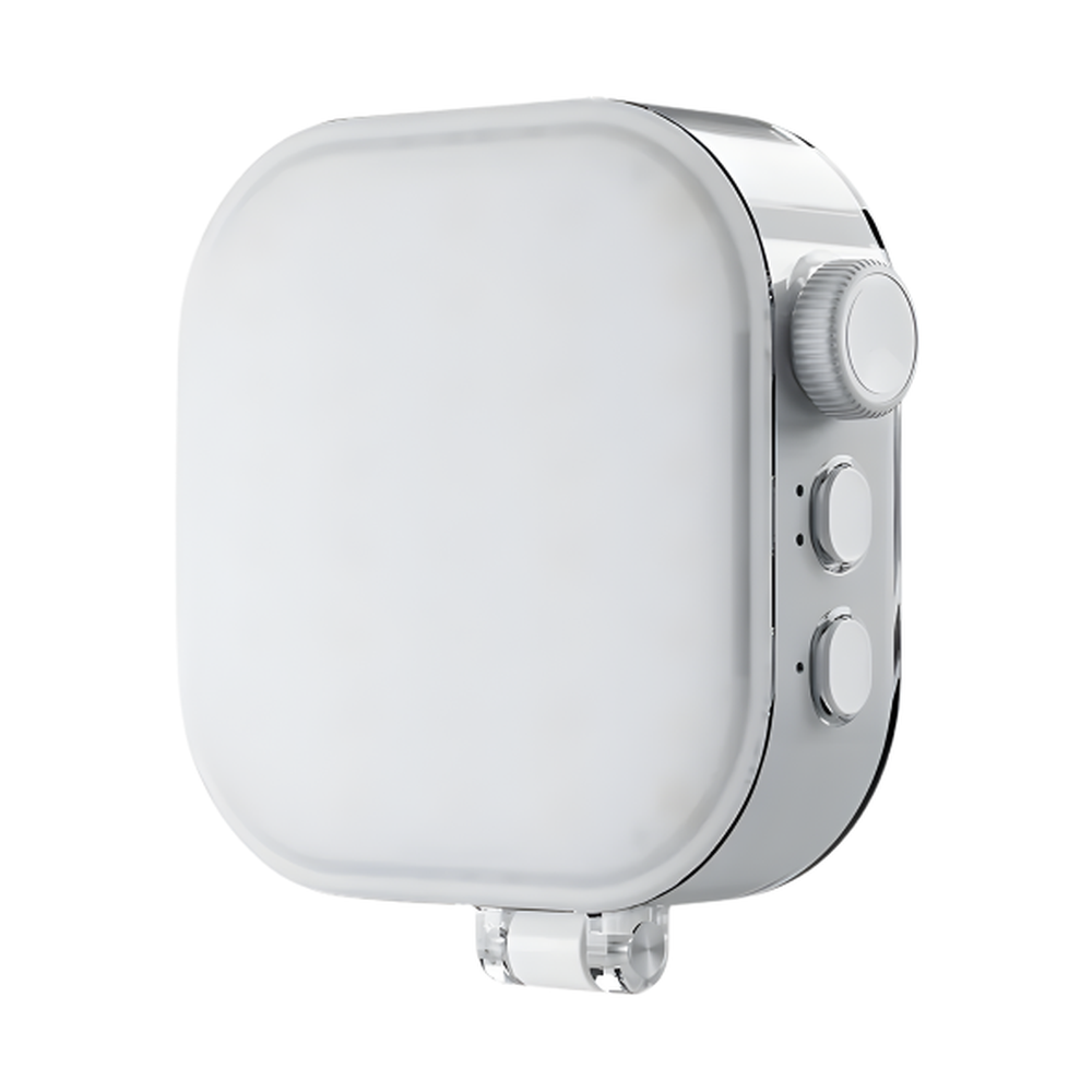 Front view of white Telesin magnetic light featuring silver trim and control buttons