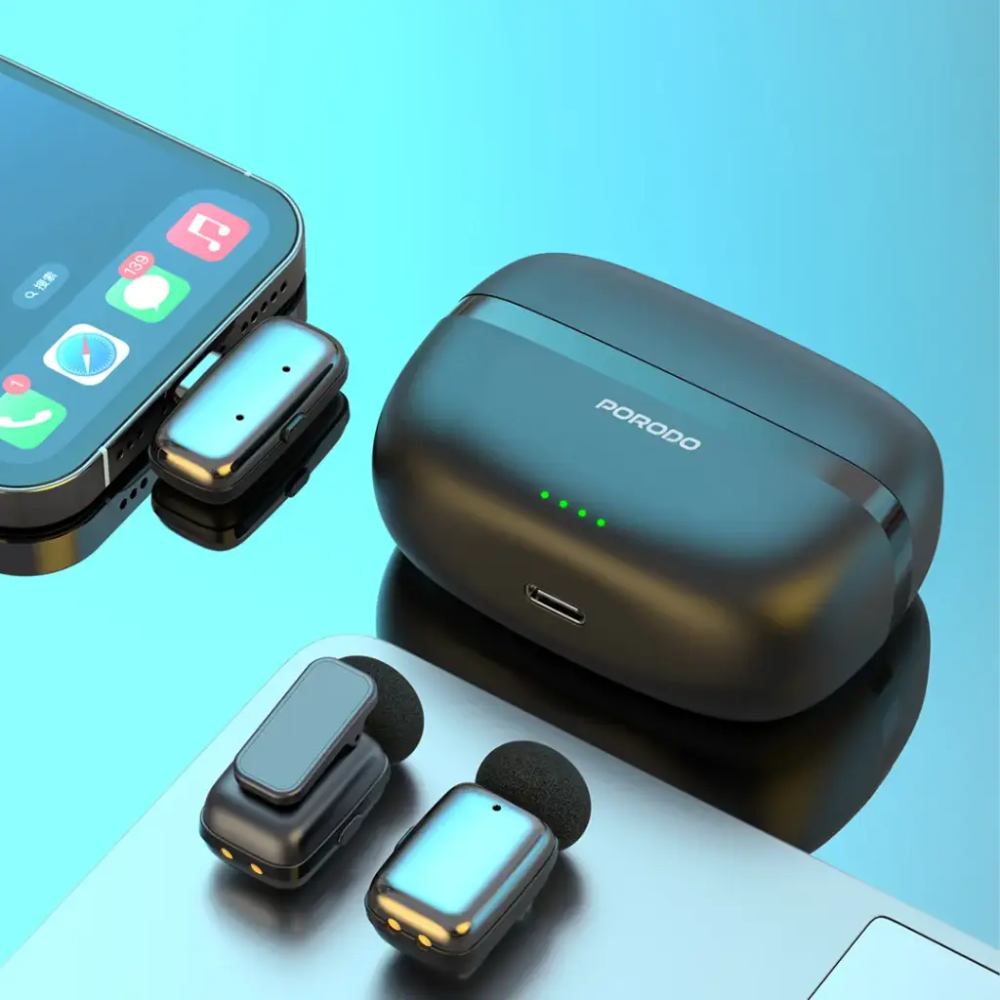 Porodo wireless microphone charging case with Lightning transmitters and LED indicators
