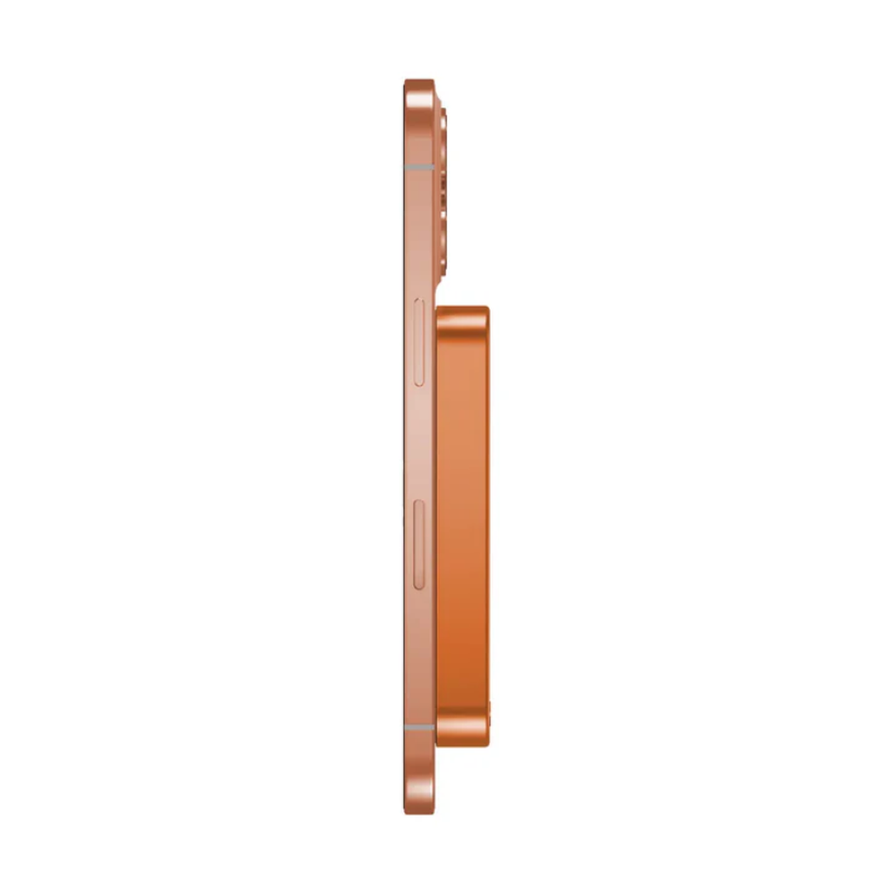 Side profile of copper Momax power bank magnetically attached to smartphone