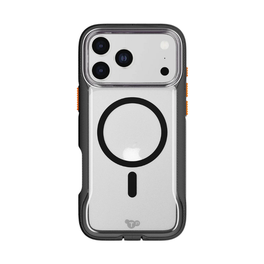 Tech 21 EvoPro MagSafe case for iPhone with transparent back, black bumper, and orange accents