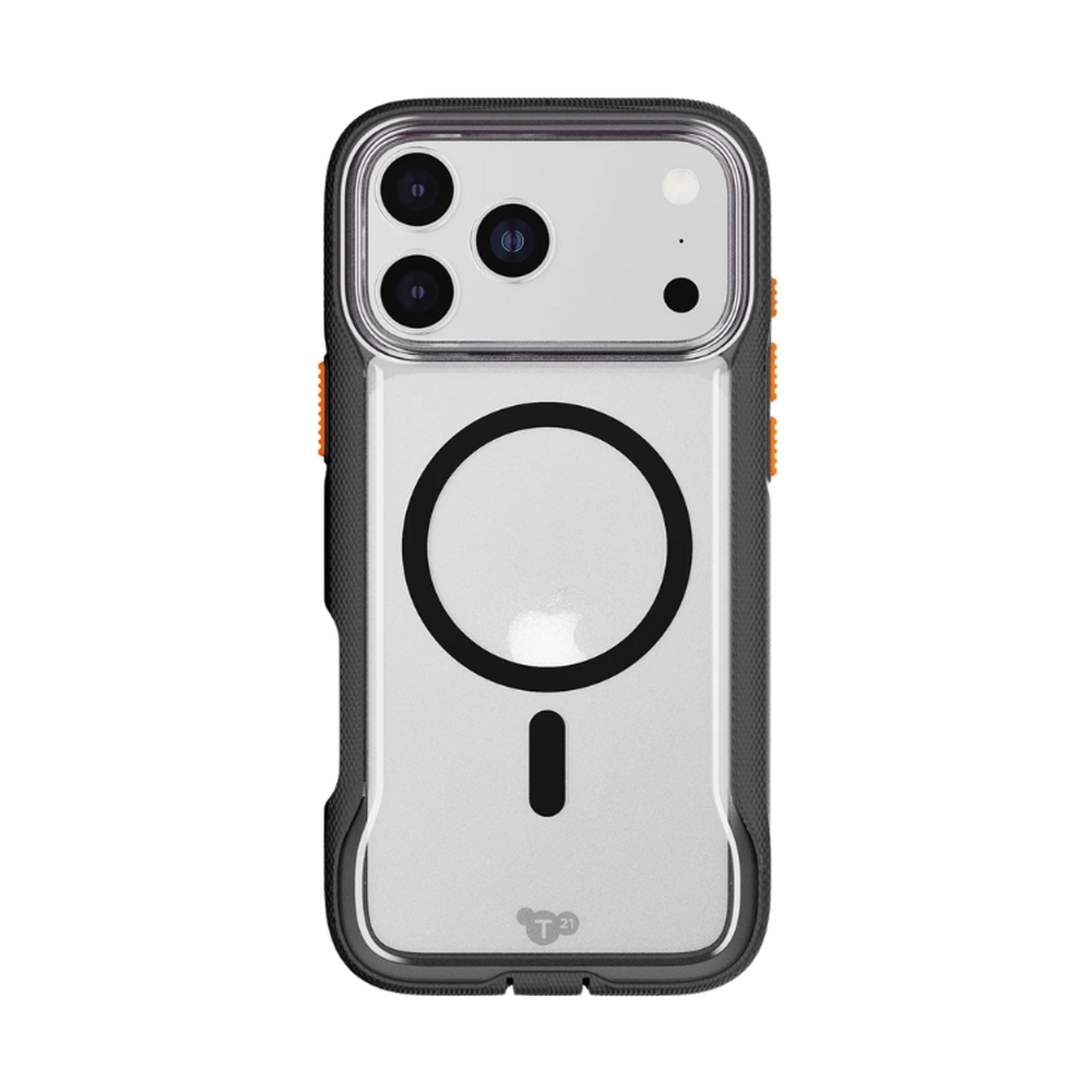 Tech 21 EvoPro MagSafe case for iPhone with transparent back, black bumper, and orange accents