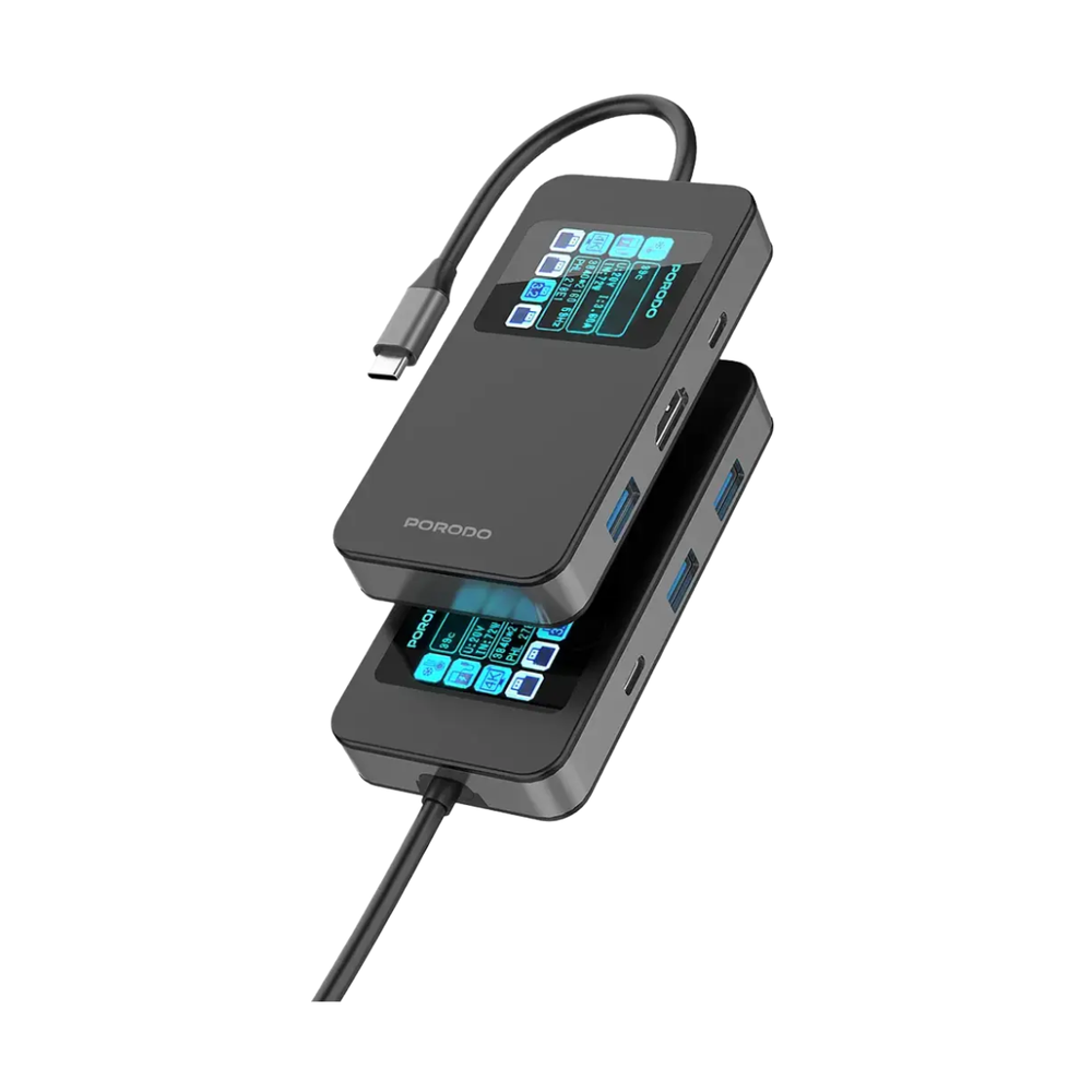 Stacked black Porodo multi-port USB-C hubs showing port layout and display