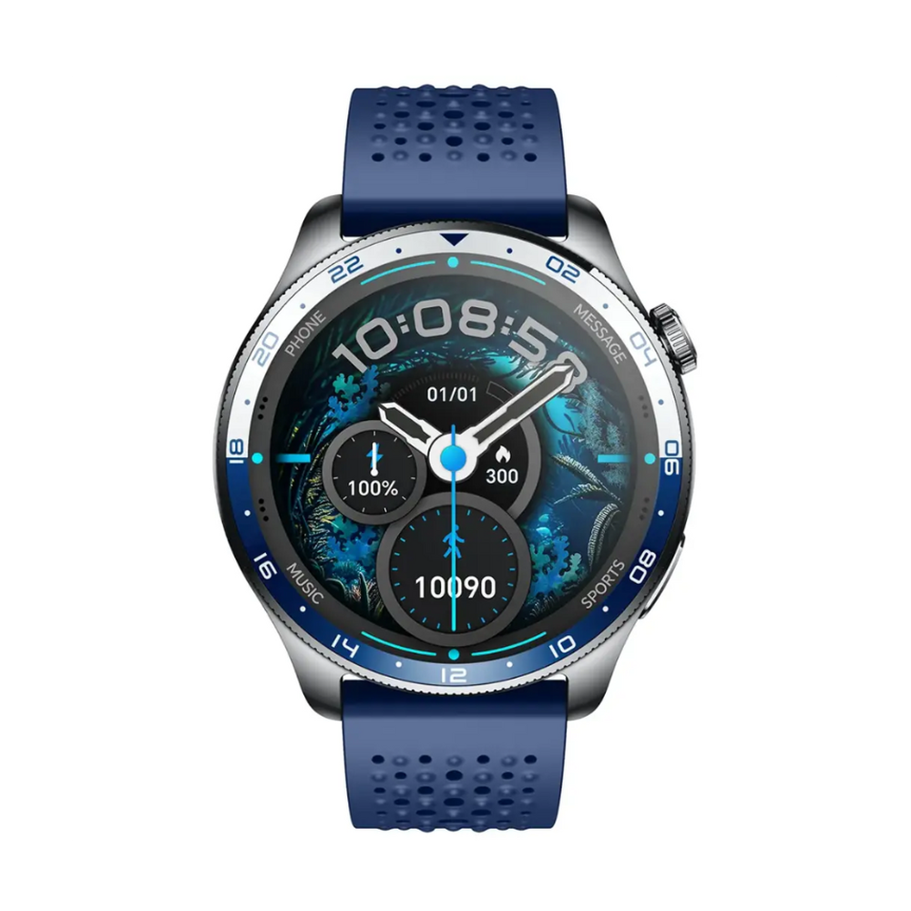 Silver zinc alloy Powerology smartwatch showing digital watch face with phone and sports labels