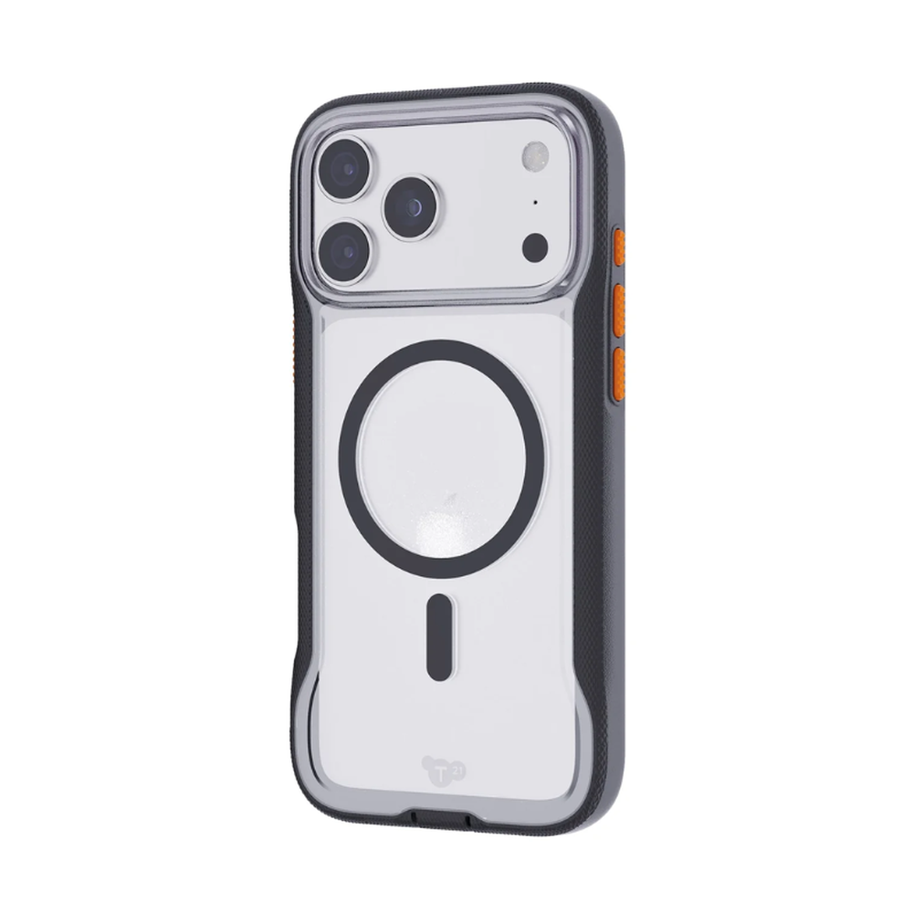 Black and orange Tech 21 rugged phone case showing side button covers on silver iPhone