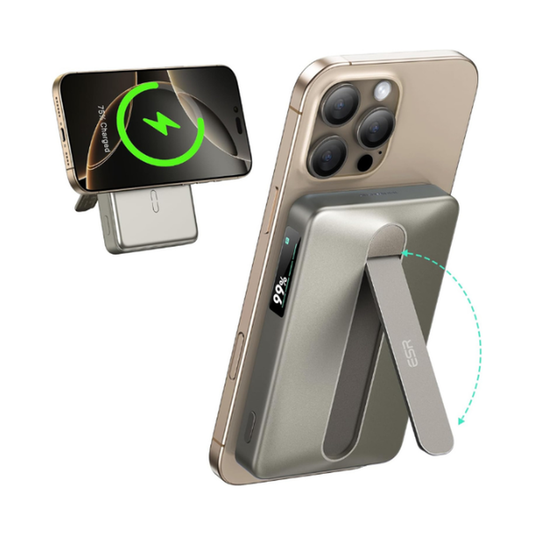 ESR 15W magnetic power bank with adjustable kickstand holding gold smartphone