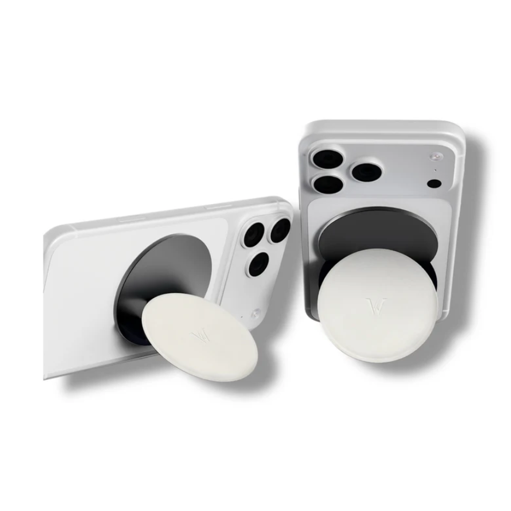 White MagKick magnetic phone grip with kickstand and 360 rotation
