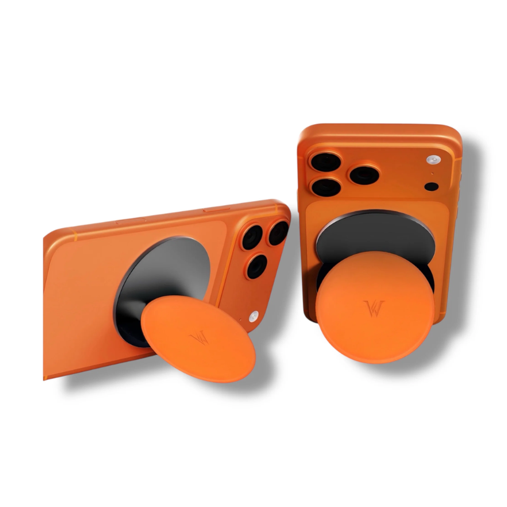 Orange MagKick magnetic phone grip with kickstand and 360 rotation