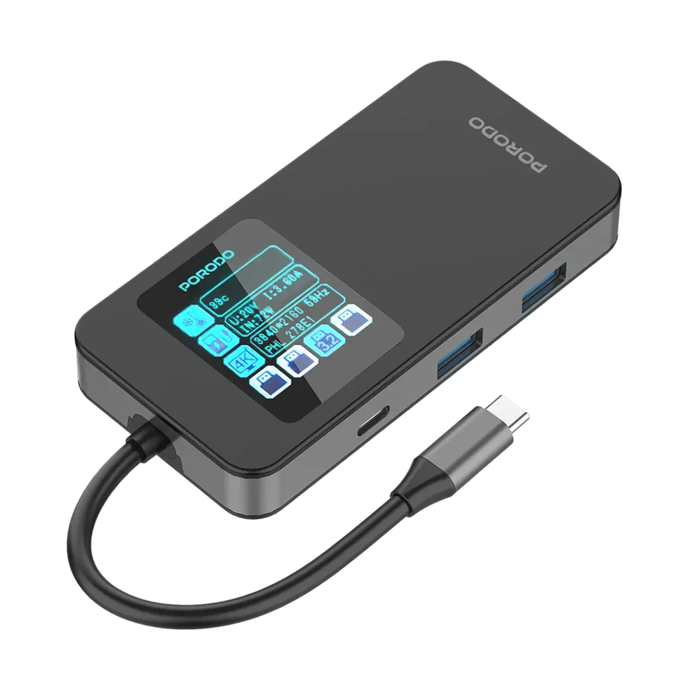 Black Porodo 100W USB-C hub with smart digital display and multiple ports