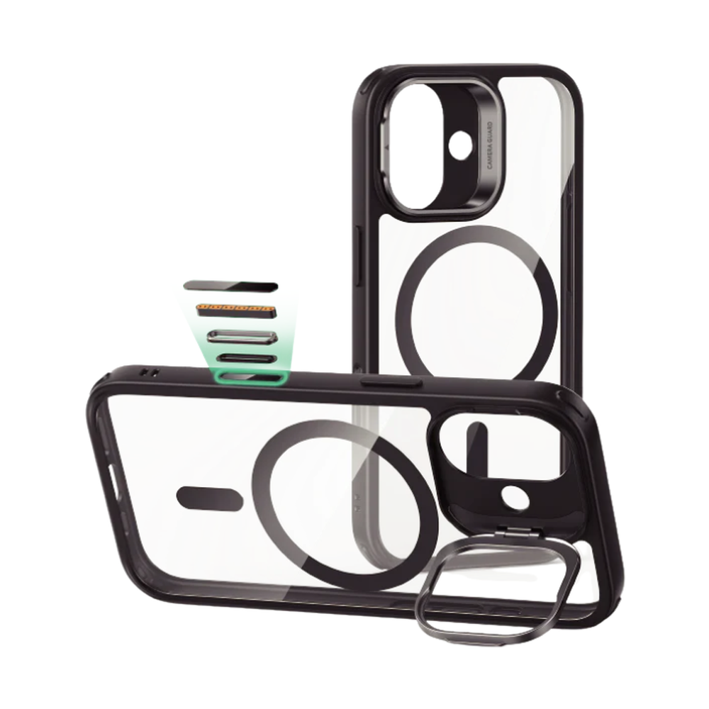 Clear ESR iPhone 17 case with black frame and closed ring stand