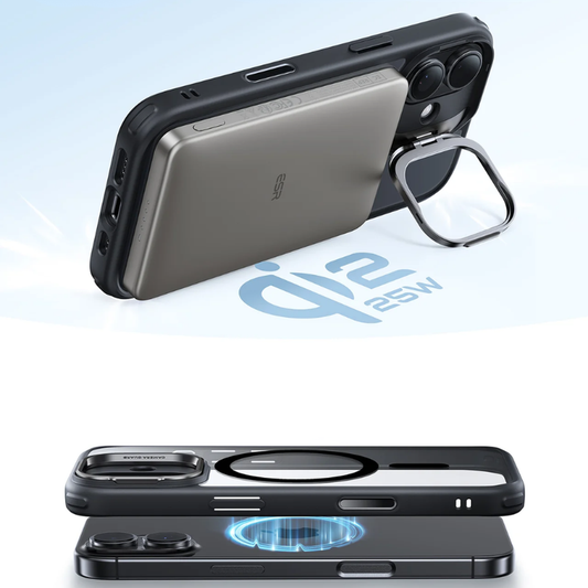 Black ESR iPhone 17 hybrid case with matte frame and open ring stand