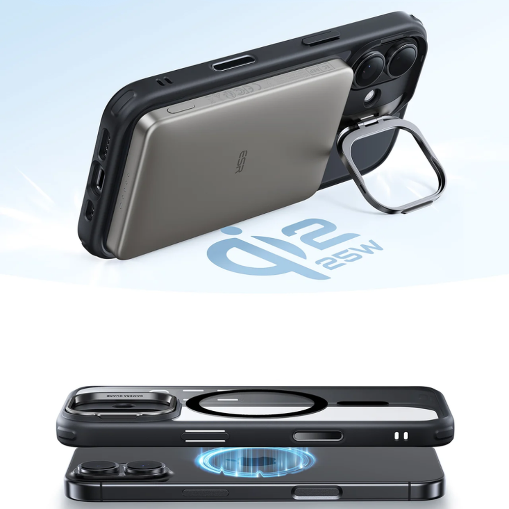 Black ESR iPhone 17 hybrid case with matte frame and open ring stand