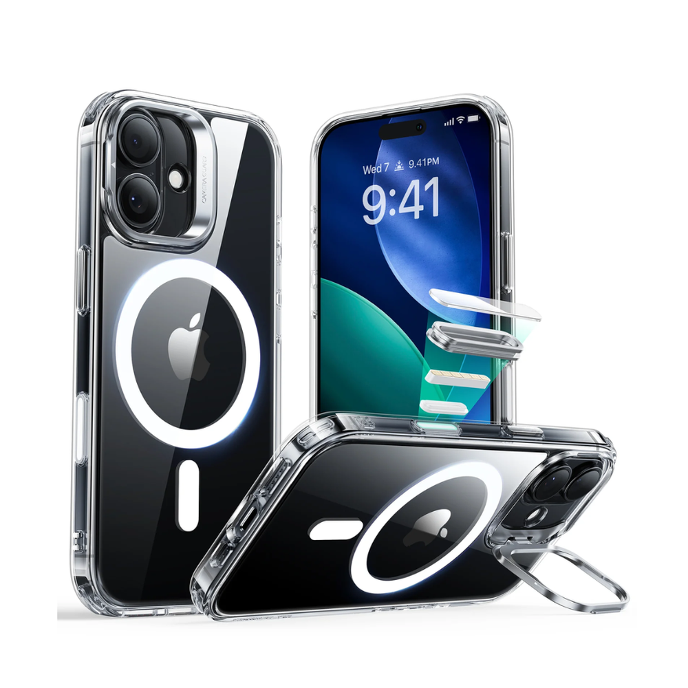 Transparent ESR iPhone 17 case showing MagSafe ring and upright stand