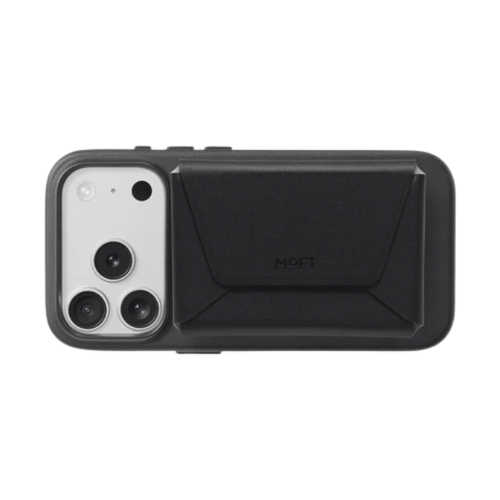 Black Moft wallet magnetically attached to smartphone