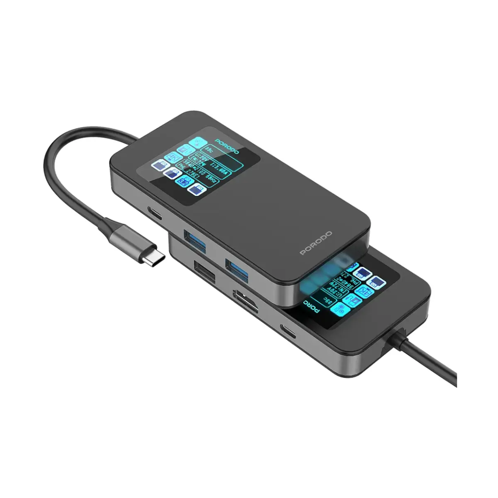 Angled view of stacked Porodo USB-C hubs highlighting brushed metal sides