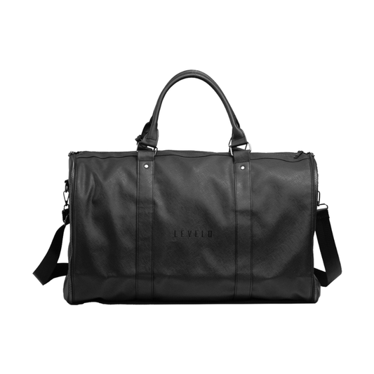 Levelo black leather travel bag with embossed logo and garment protection