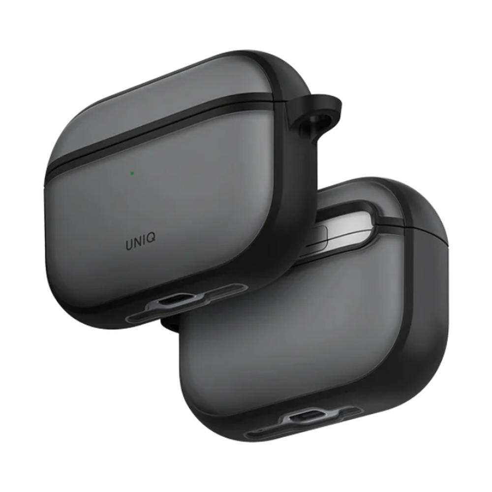 Black UNIQ frosted AirPods Pro 3 case with matte frame and white branding