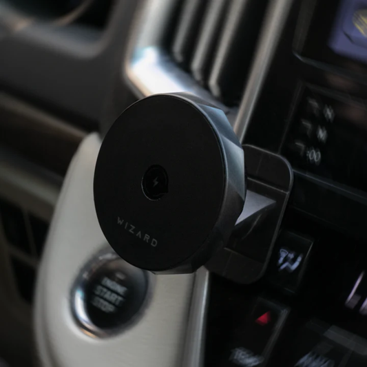Wizard black magnetic car charger with geometric edge and lightning logo