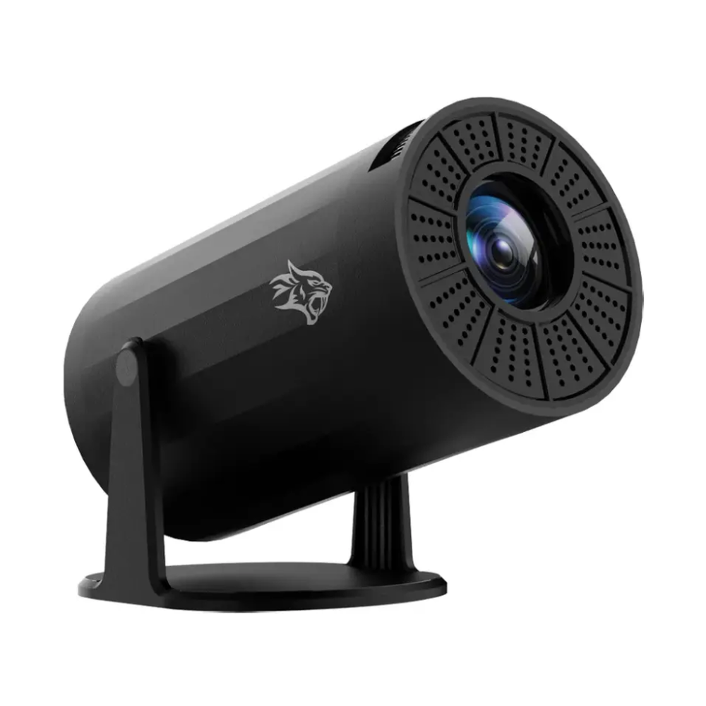 Side profile of black Porodo gaming projector with wolf logo