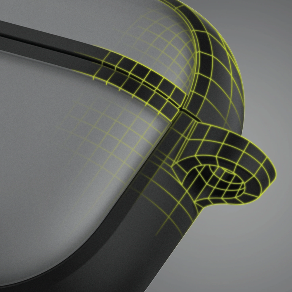 Yellow wireframe detail of UNIQ case corner and integrated carabiner loop