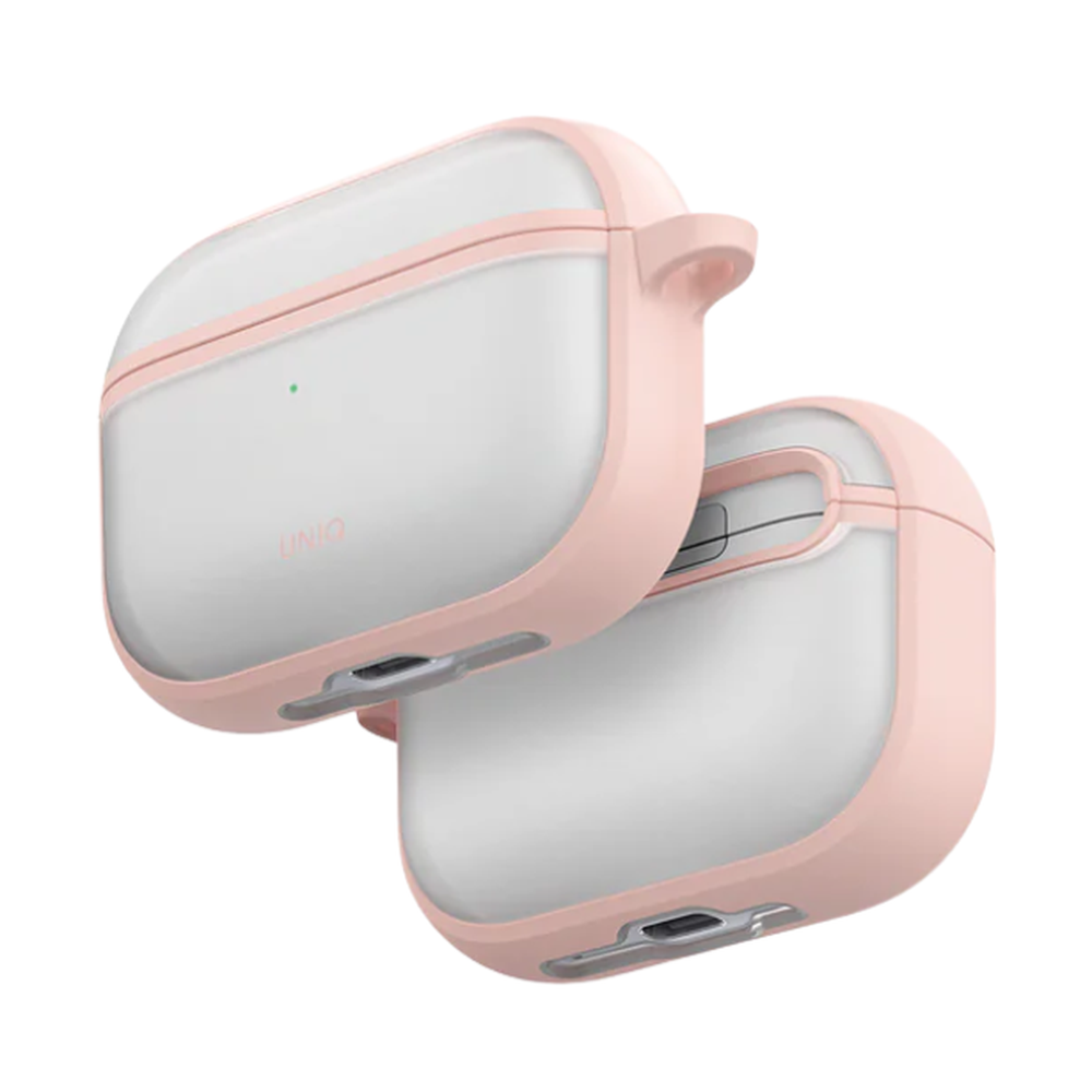 UNIQ pink AirPods Pro 3 case showing closed LED light and open interior view