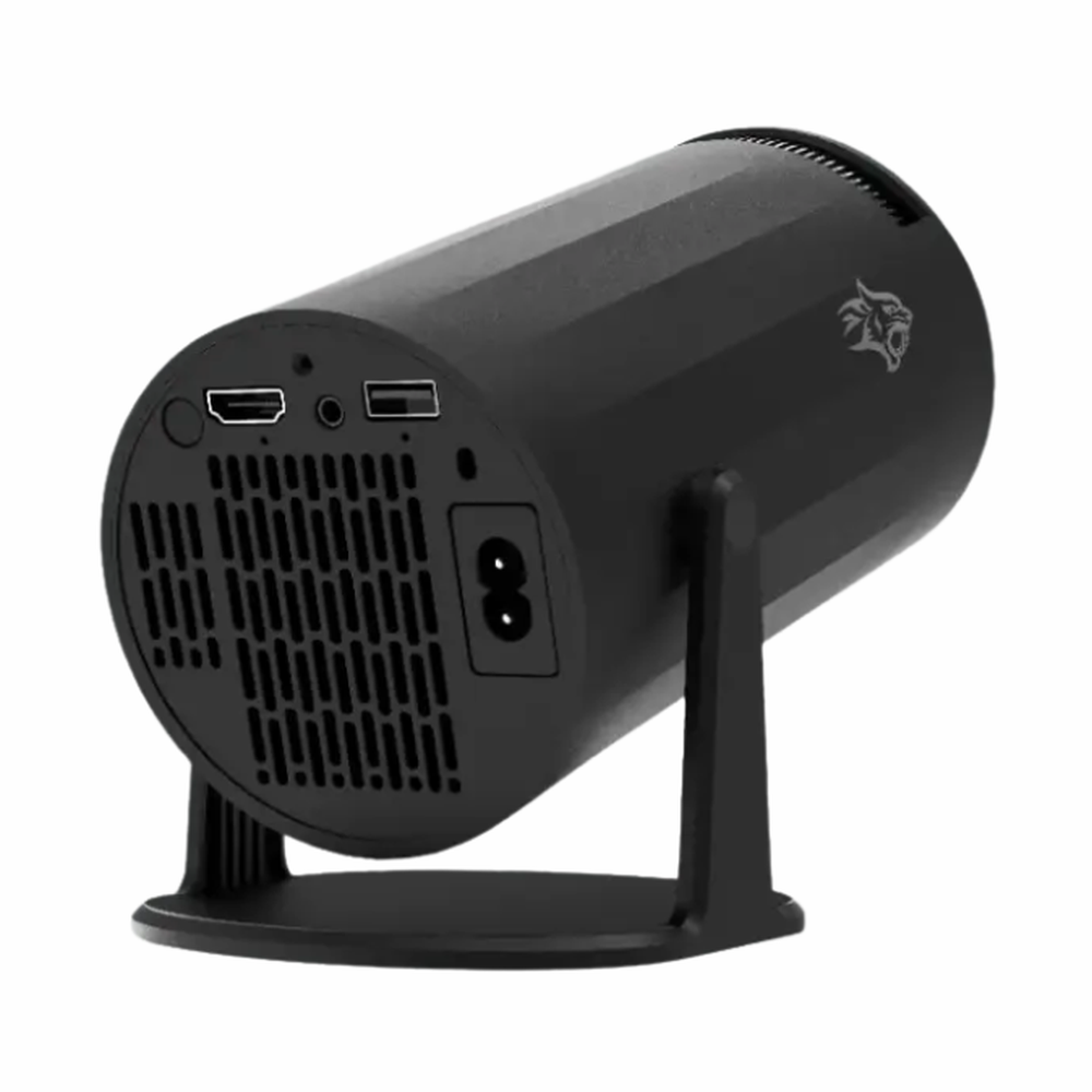 Rear view of black Porodo projector showing HDMI USB and audio ports