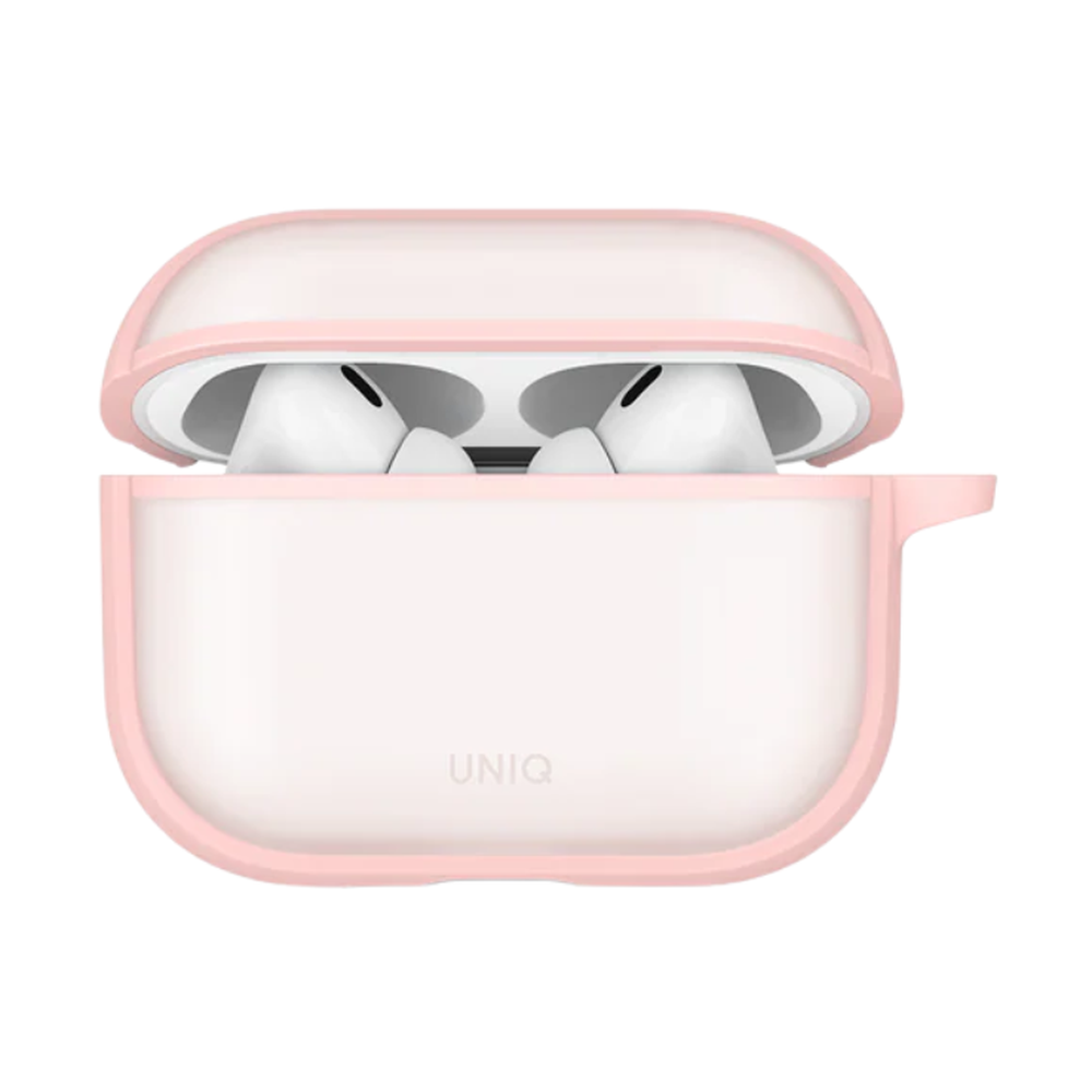 Open pink UNIQ case holding two white AirPods Pro 3 earbuds in slots