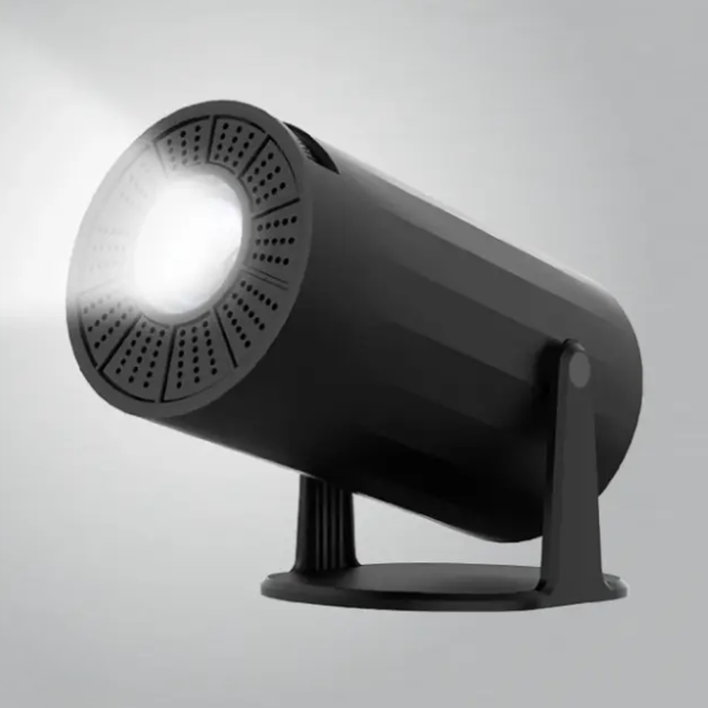 Black Porodo projector emitting light from front lens on stand