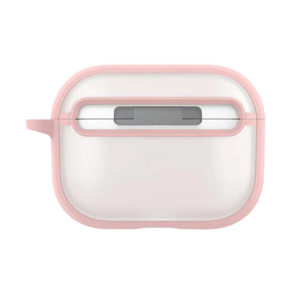 White UNIQ AirPods Pro 3 case with pink silicone frame and left-side loop
