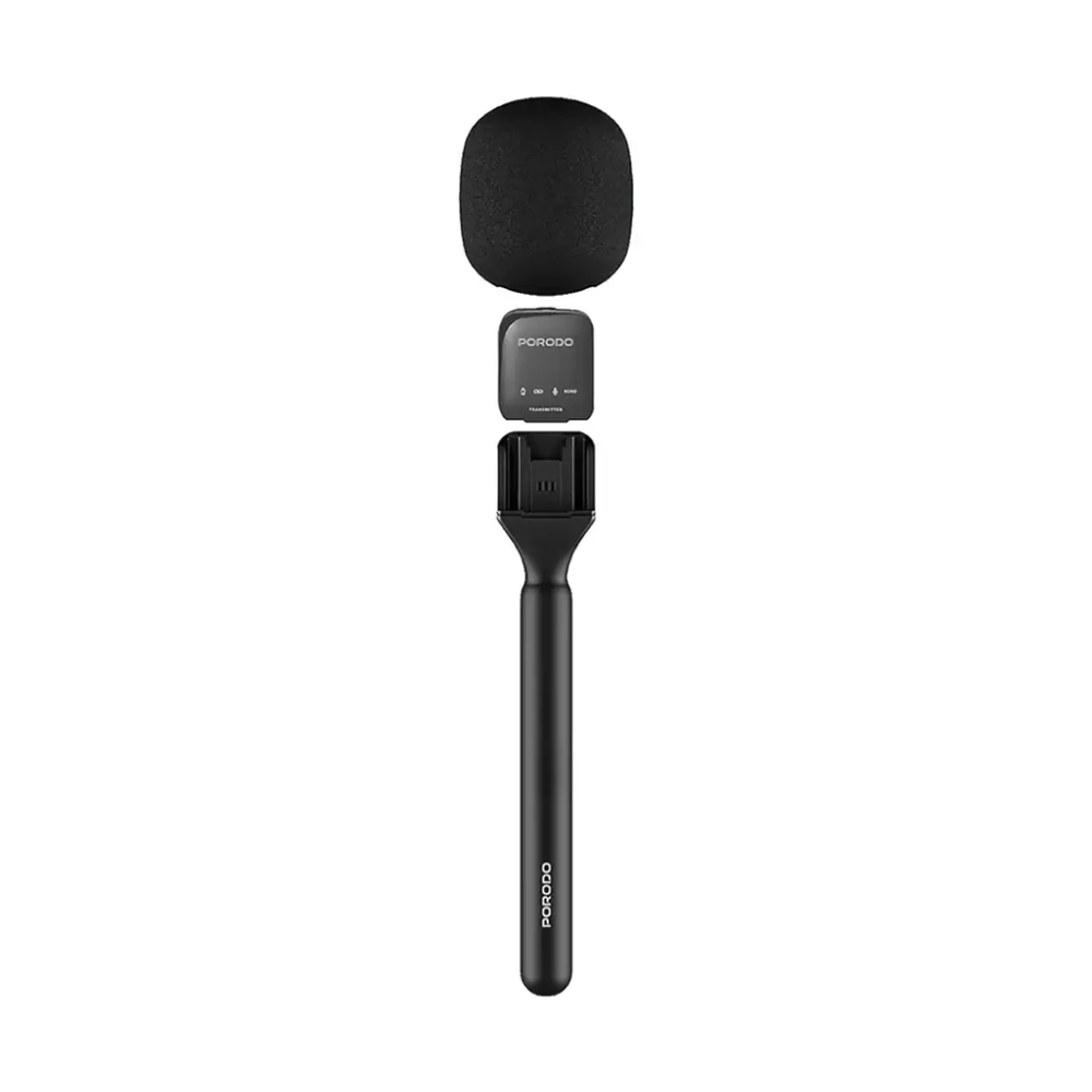 Porodo wireless microphone system components including foam windshield, clip base, and transmitter