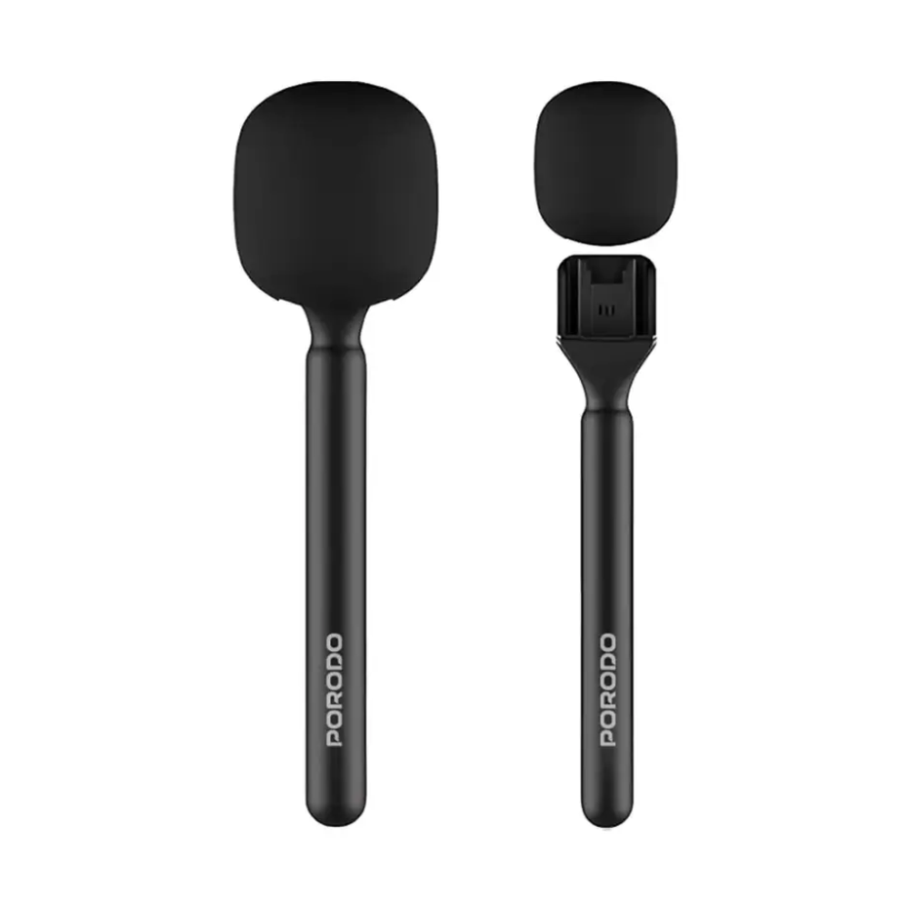 Porodo dual-channel wireless microphone set with foam windshields and matte black finish