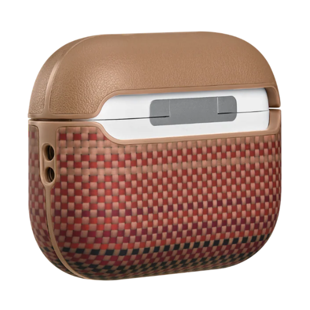 Side view of tan Pitaka AirPods Pro 3 case with red green woven base