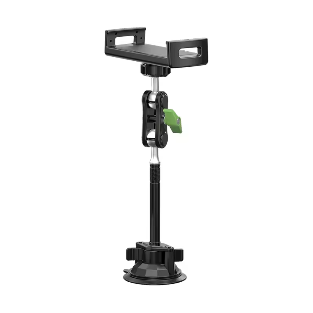 Black car tablet mount with textured suction base and green adjustment lever