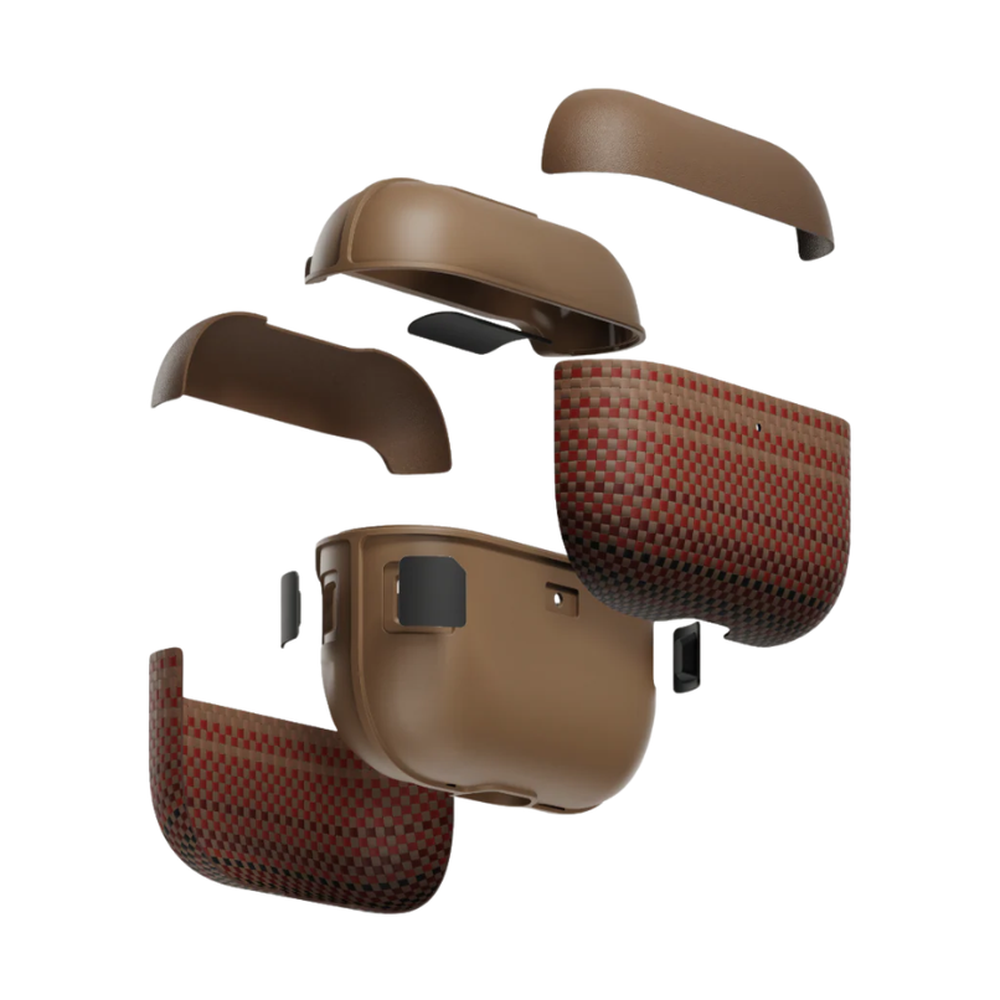 Exploded view of brown Pitaka AirPods Pro 3 case showing magnetic layers