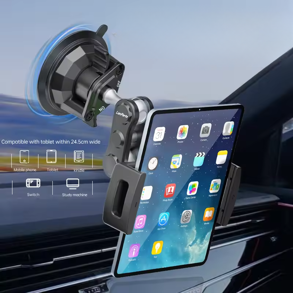 LanParte tablet holder mounted on car windshield for navigation and entertainment
