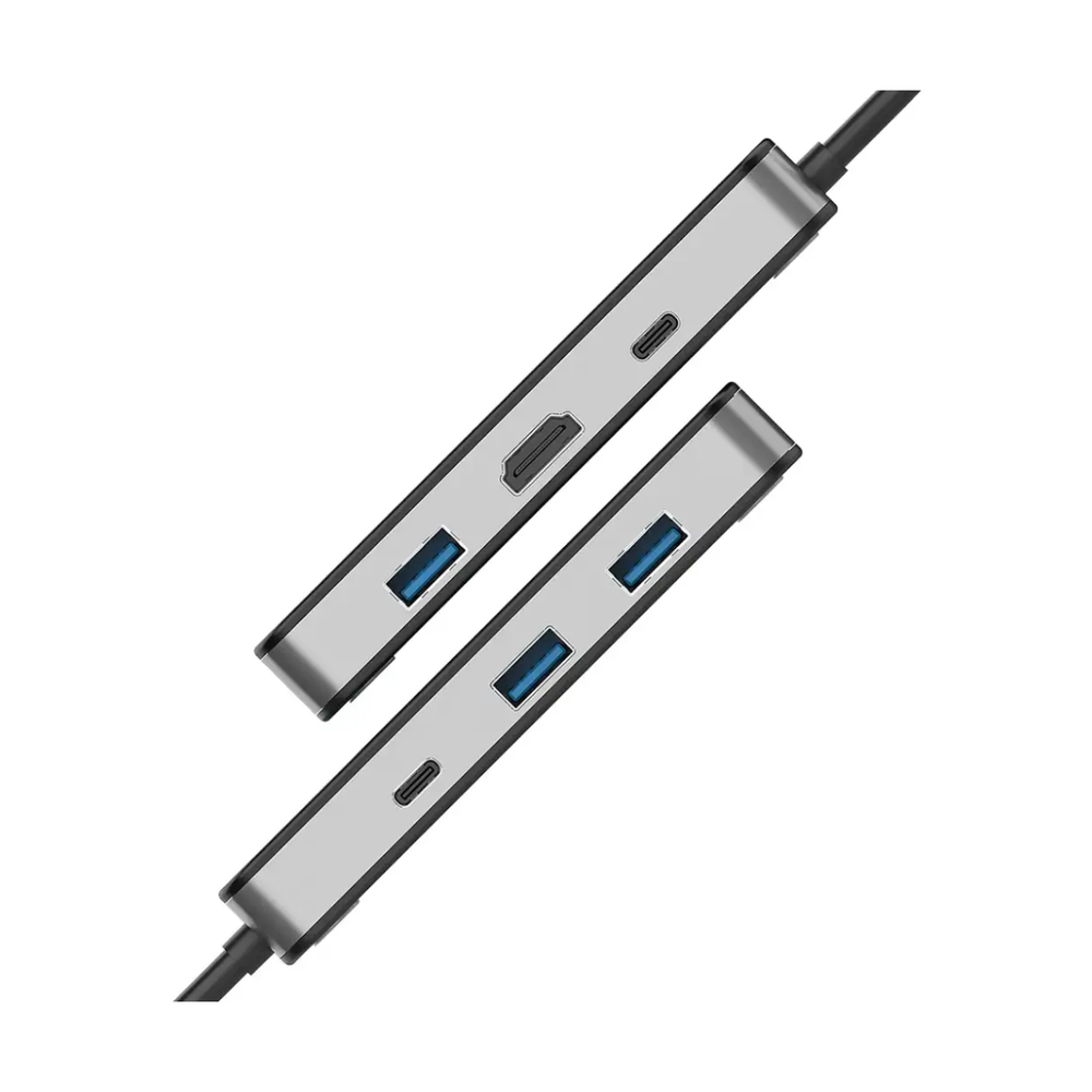 Silver Porodo USB-C hub with blue USB-A ports and HDMI connectivity