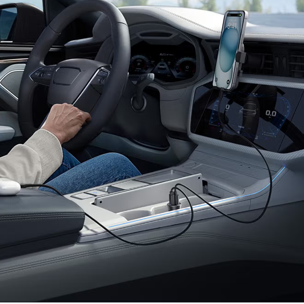Anker dual port car charger charging smartphone in vehicle