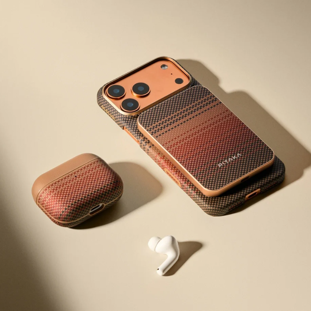 Brown Pitaka AirPods Pro 3 case matching phone case set with gold trim
