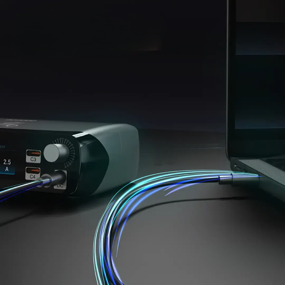 Side view of Porodo charging station showing DC port connection and silver rotary dial