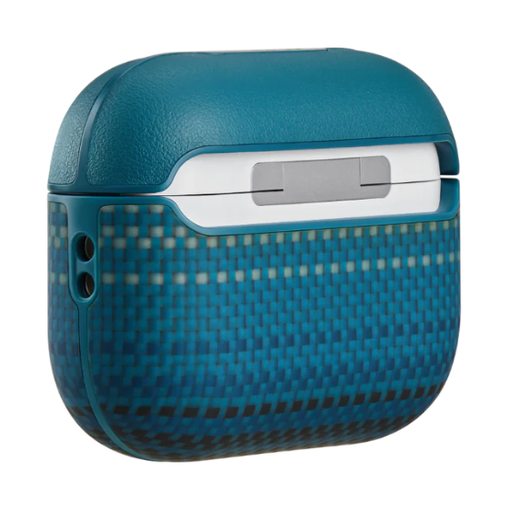 Teal Pitaka AirPods Pro 3 case with MagSafe charging area and carbon fiber body