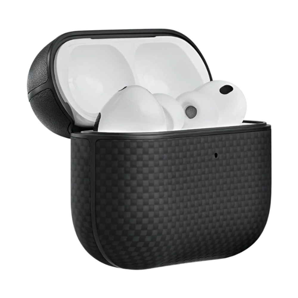 Open black Pitaka AirPods Pro 3 case with molded interior cradles