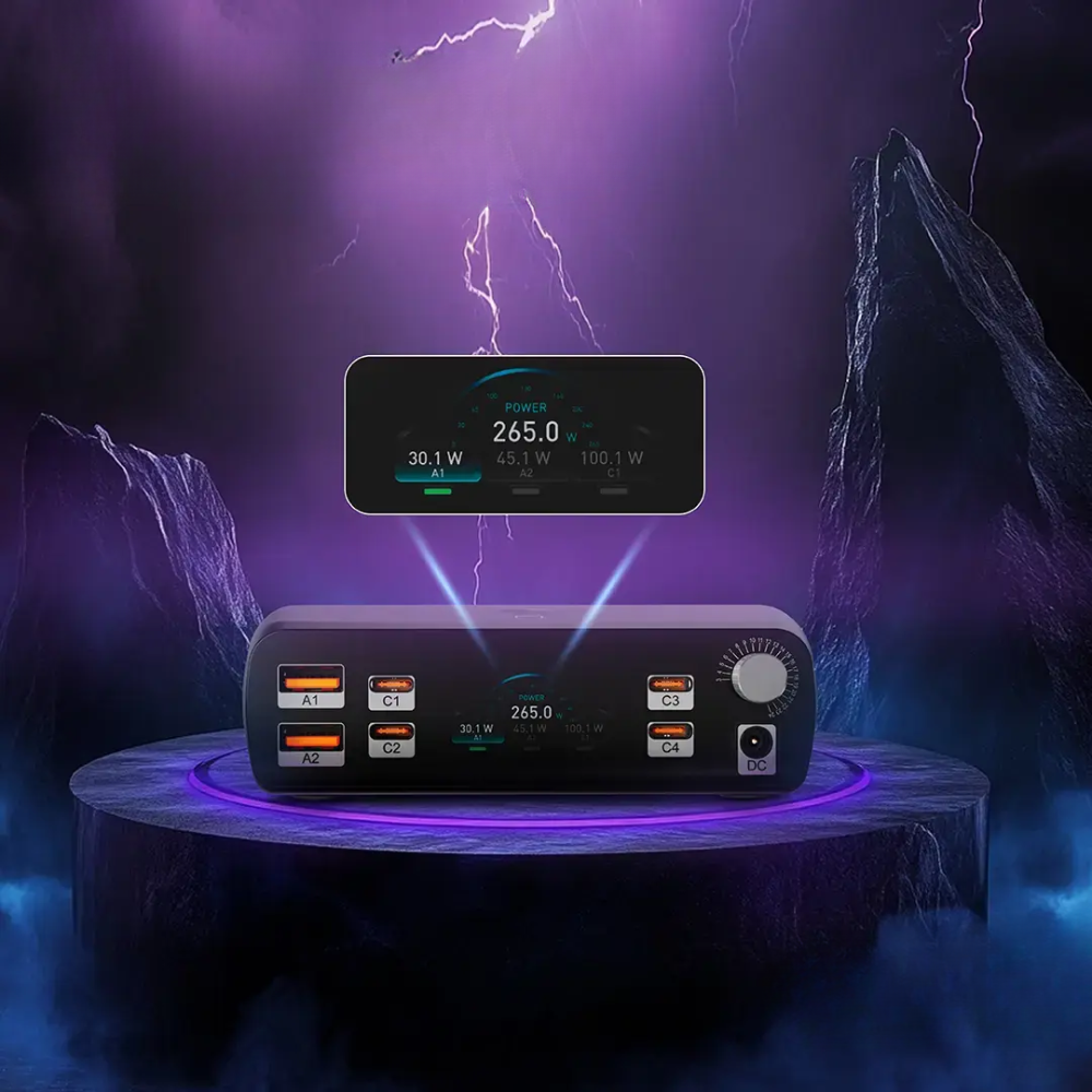 Black Porodo smart charger with rotary dial and LED indicators on purple-lit pedestal
