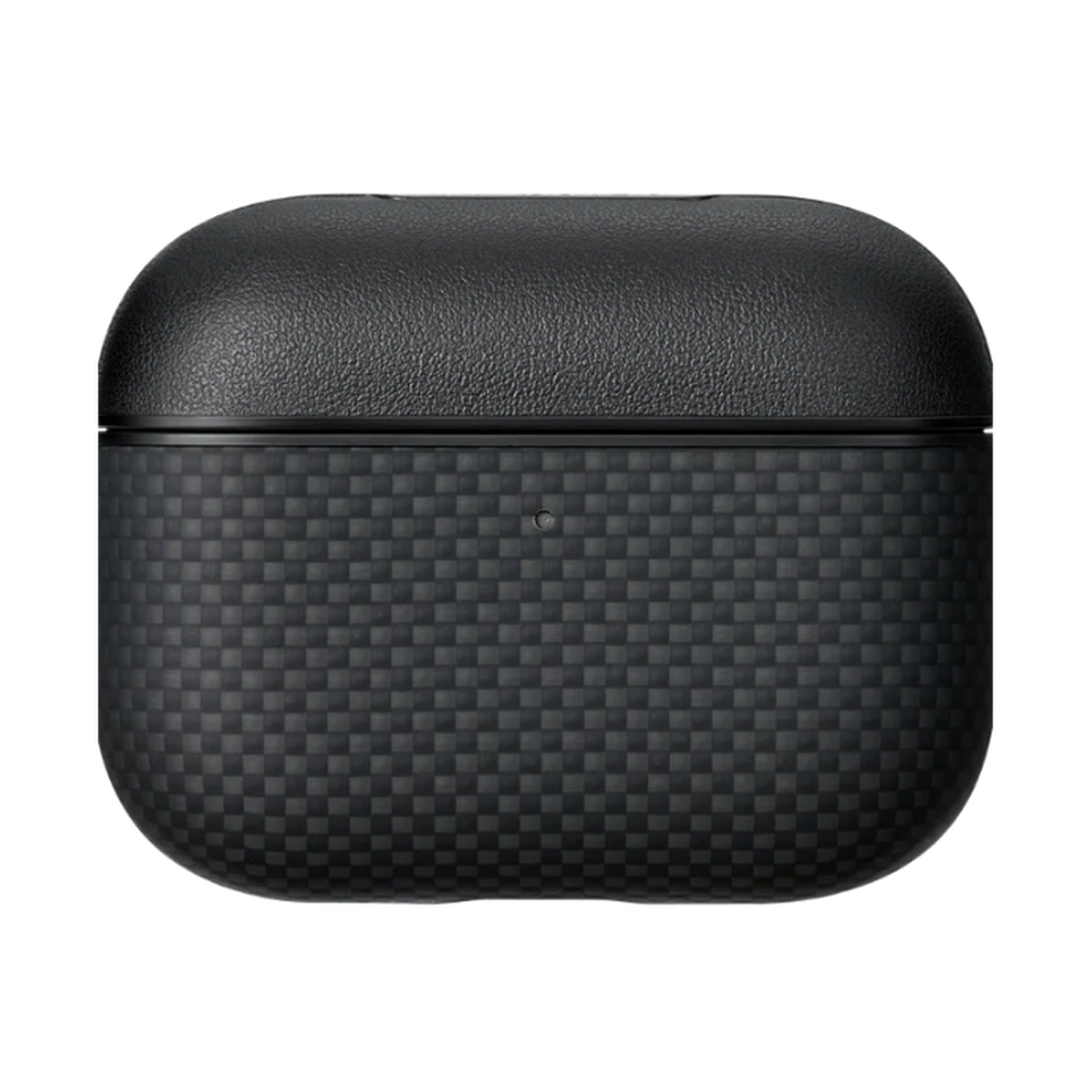 Black Pitaka AirPods Pro 3 case with matte pebbled lid and checkered weave