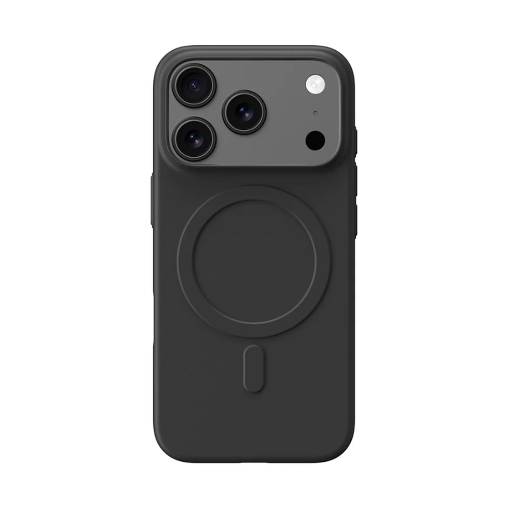 Rear view of black matte case highlighting raised camera bump for iPhone 17