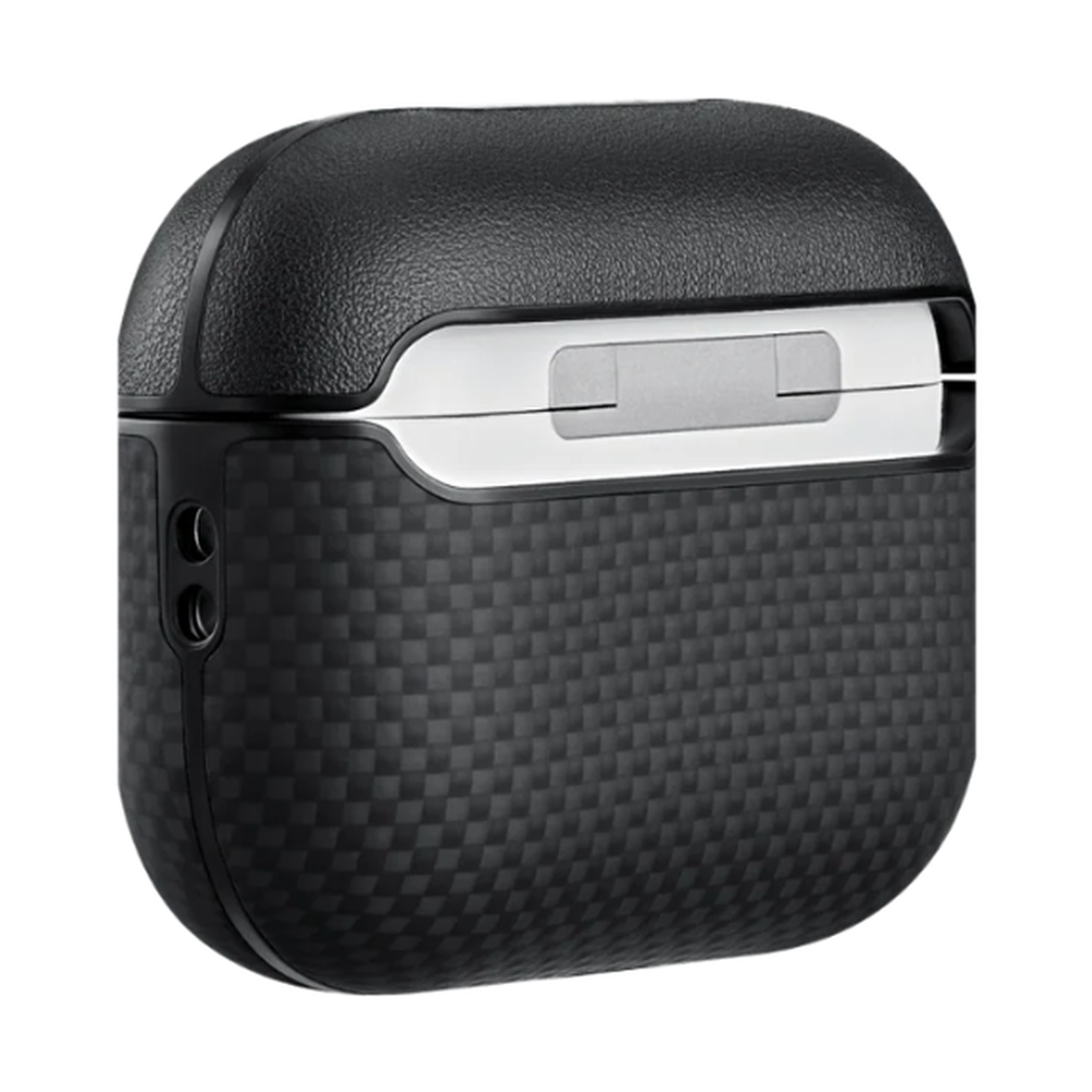 Black Pitaka AirPods Pro 3 case with pebbled lid and carbon fiber weave