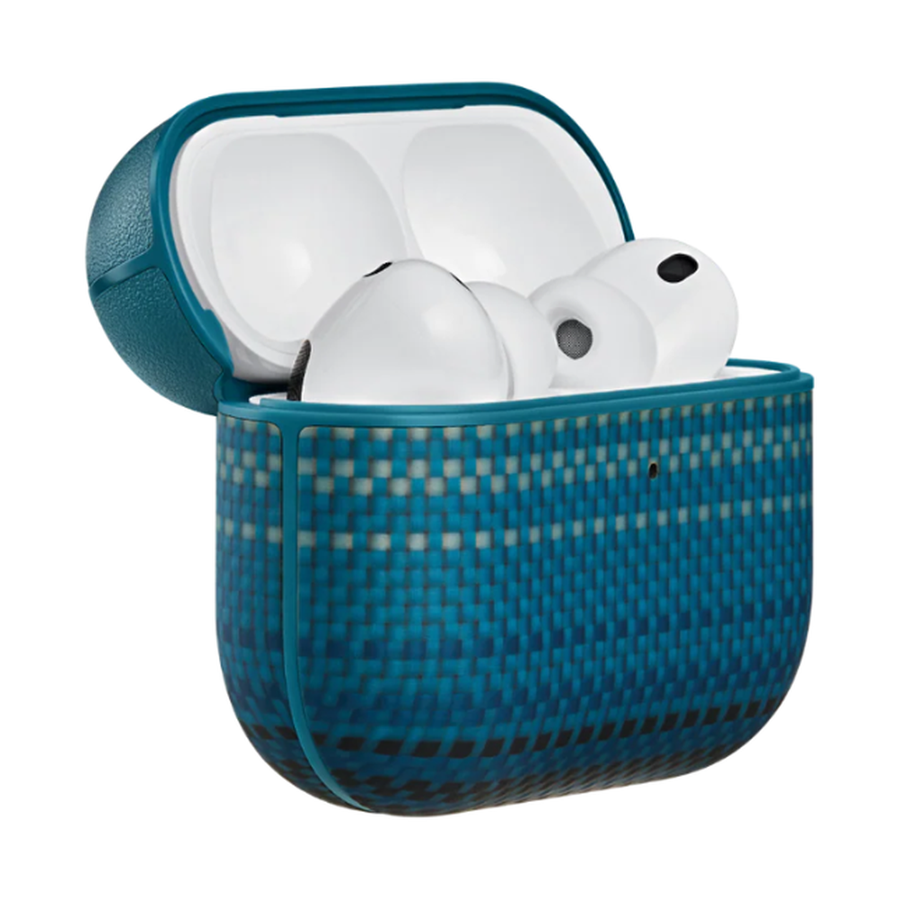 Open teal Pitaka AirPods Pro 3 case with blue black checkered pattern