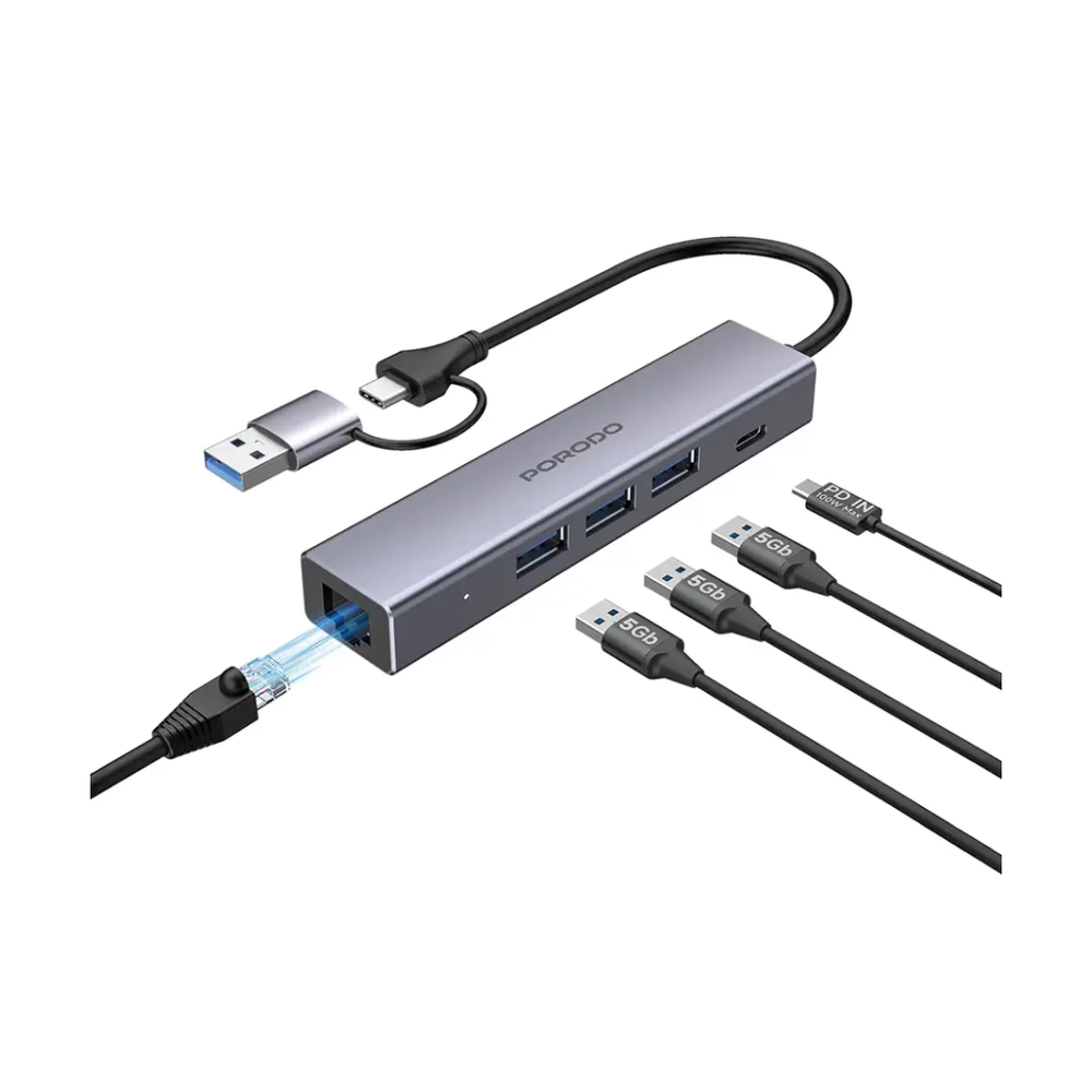 Porodo silver USB-C hub with 100W PD, 3x USB 3.0 ports and Gigabit Ethernet showing active data transfer